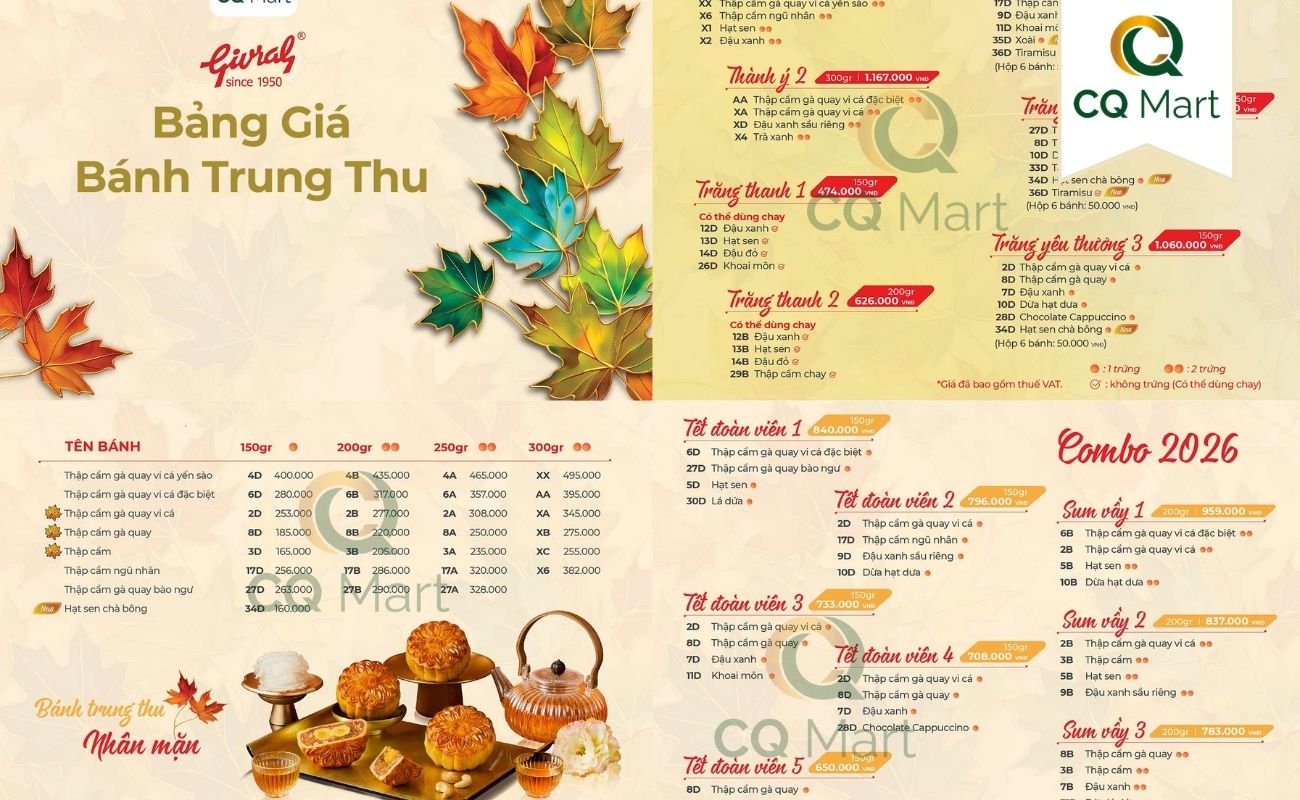Cập nhập bảng giá bánh trung thu Givral 2026