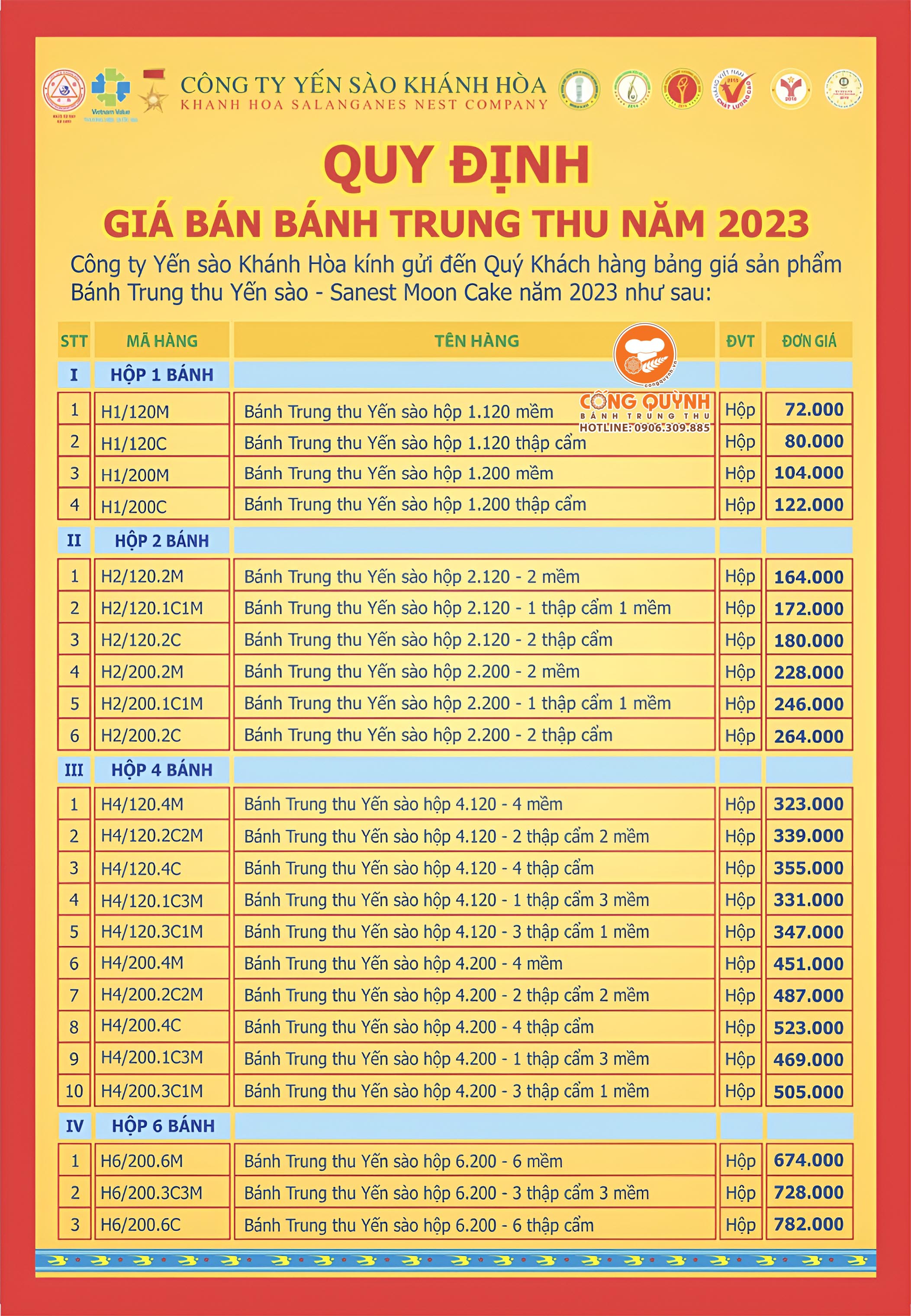  BẢNG GIÁ BÁNH TRUNG THU YẾN SÀO KHÁNH HÒA 2023